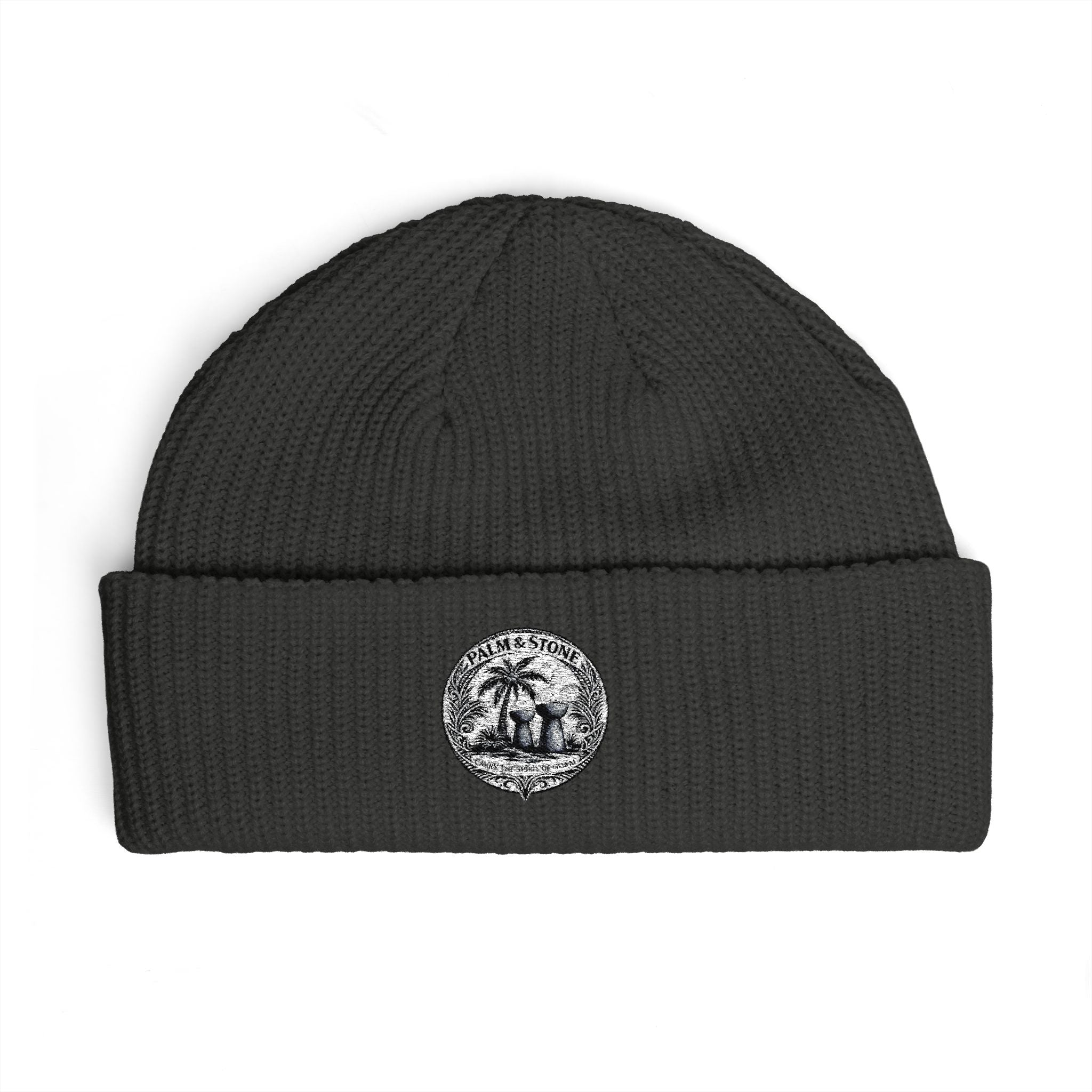 Personalized Palm & Stone Embroidered Mushroom Patch Cuff Beanie | Cozy Nature Knit Hat