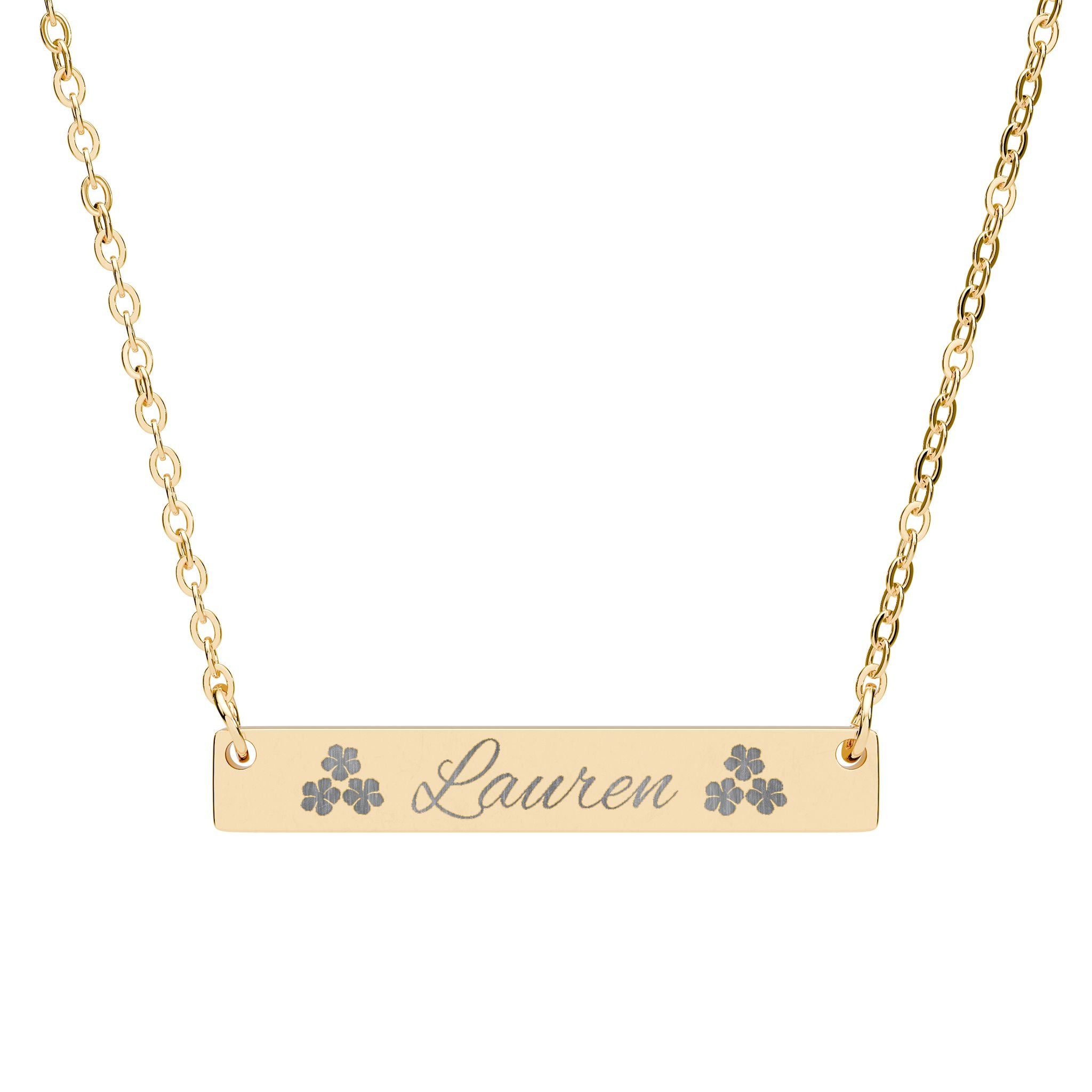 Engraved Horizontal Bar Necklace | Personalized Name Pendant with Floral Accents