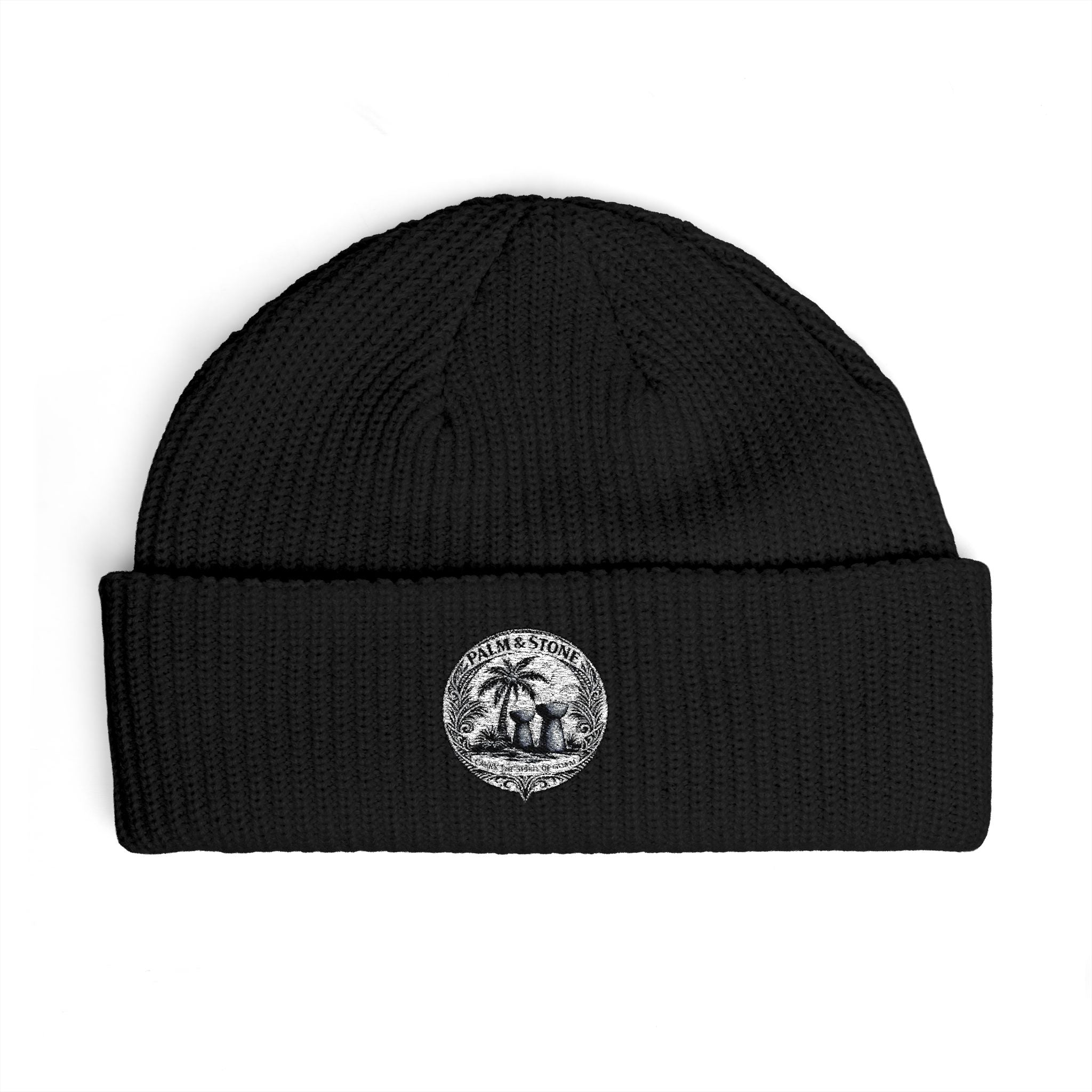 Personalized Palm & Stone Embroidered Mushroom Patch Cuff Beanie | Cozy Nature Knit Hat