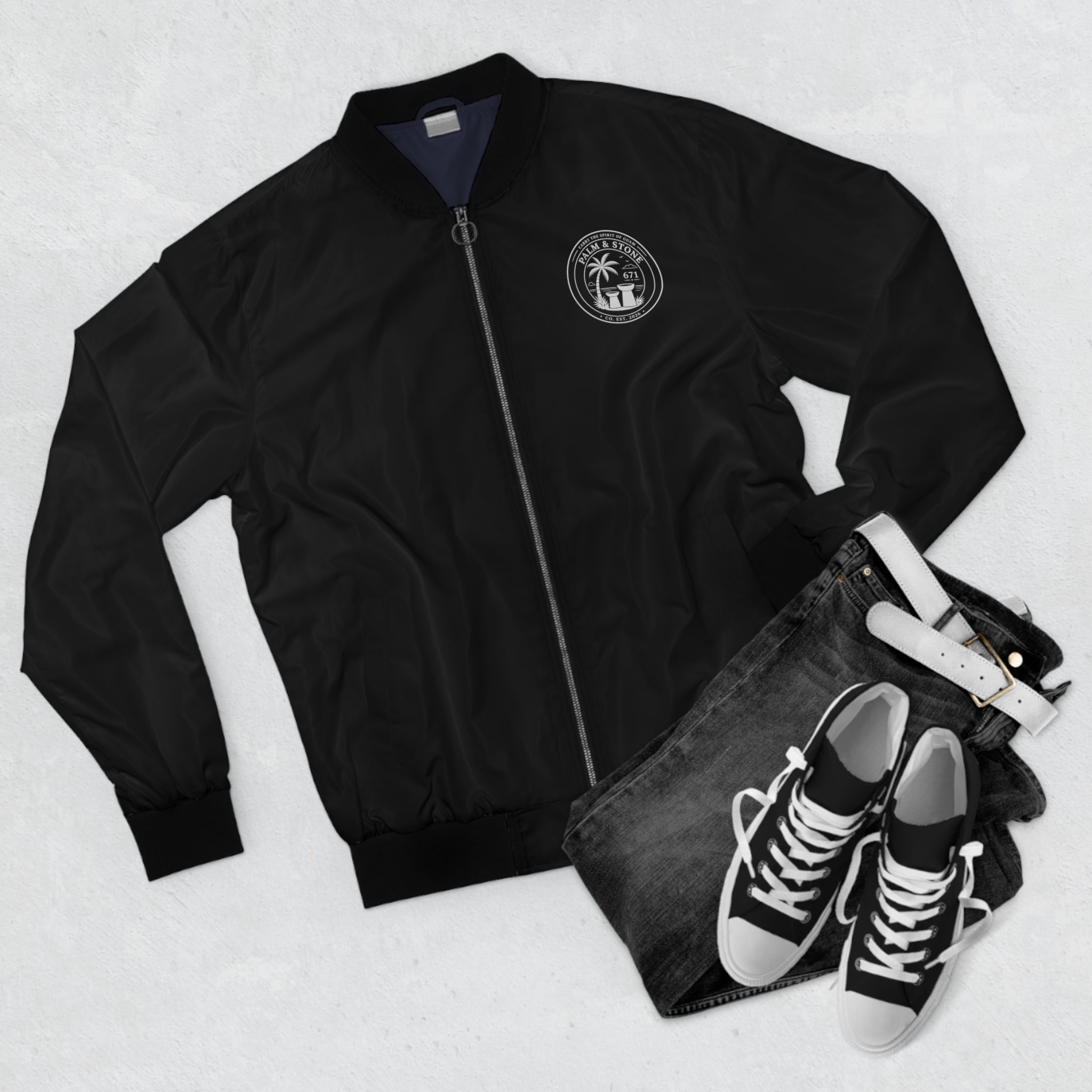 Personalized Palm & Stone 671 Bomber Jacket | Men's Retro Island Logo Jacket