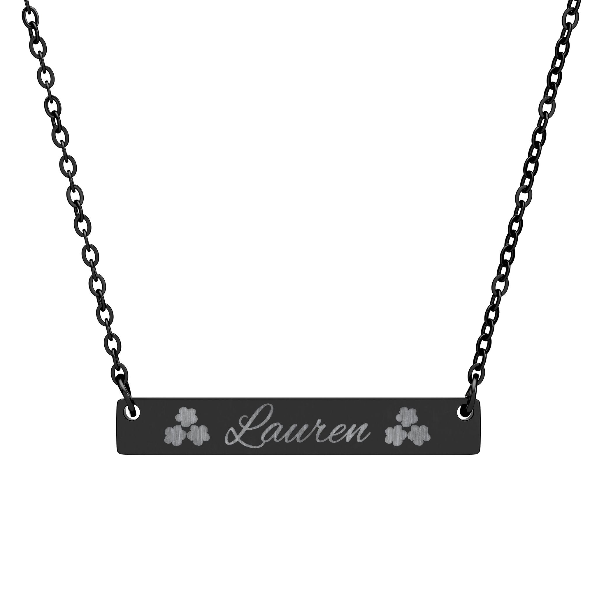 Engraved Horizontal Bar Necklace | Personalized Name Pendant with Floral Accents