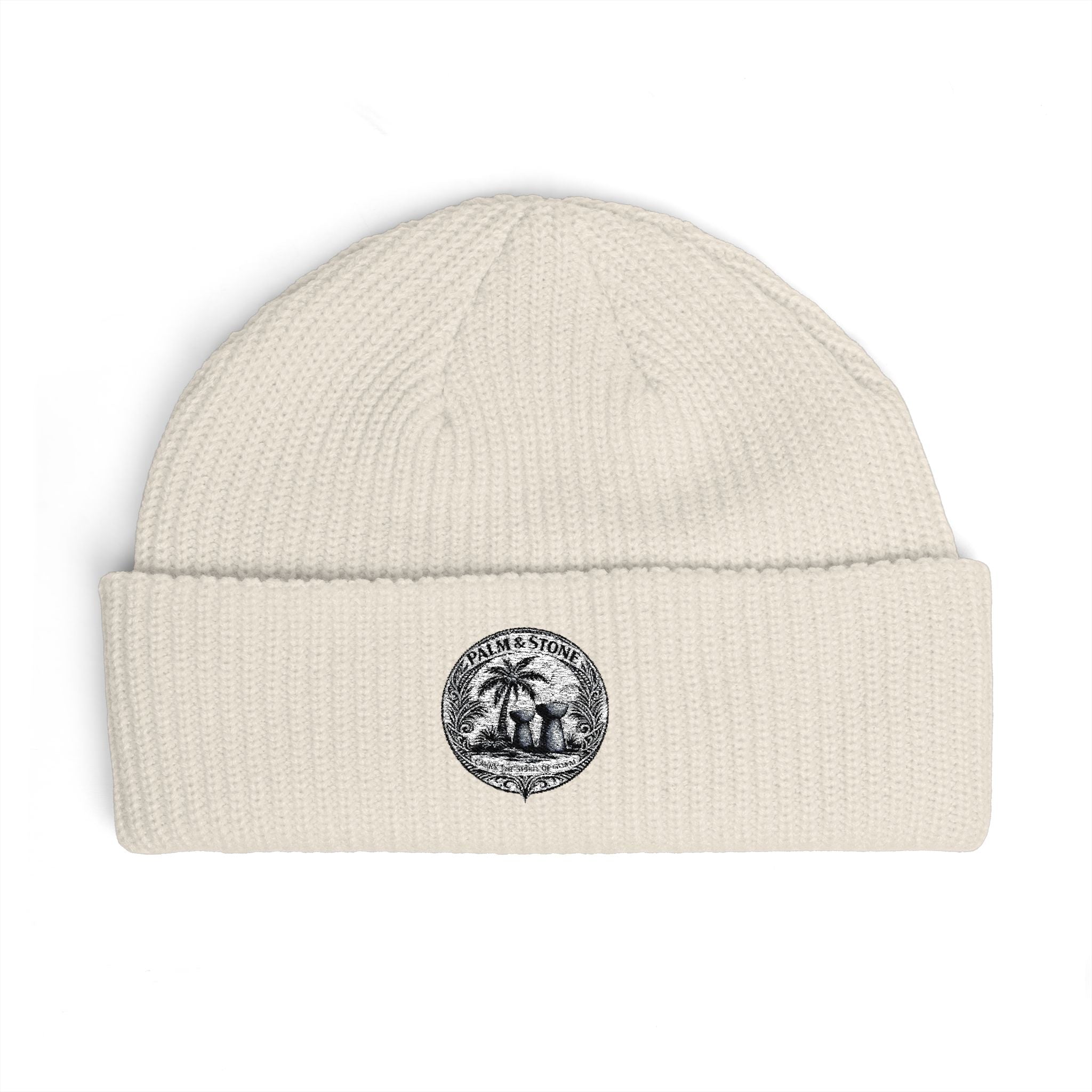 Personalized Palm & Stone Embroidered Mushroom Patch Cuff Beanie | Cozy Nature Knit Hat