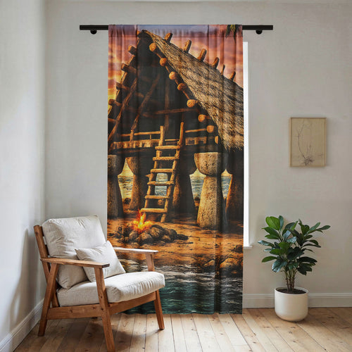 Coastal Viking Longhouse Sheer Window Curtain | Latte Stones of the Marianas