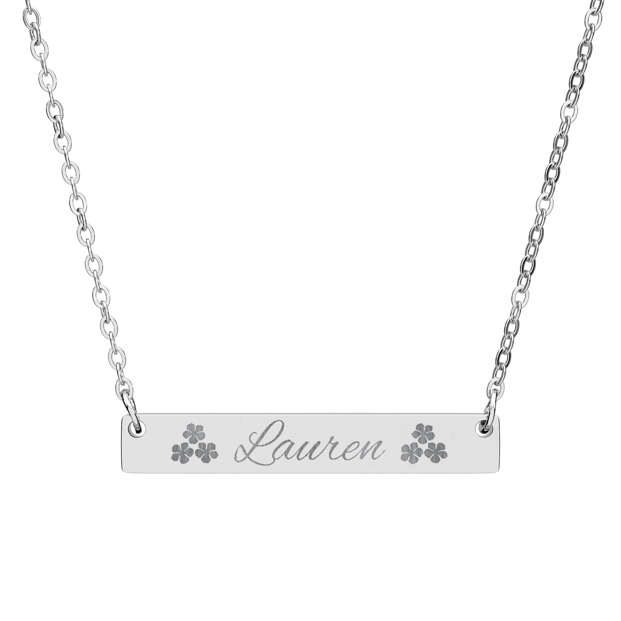 Engraved Horizontal Bar Necklace | Personalized Name Pendant with Floral Accents