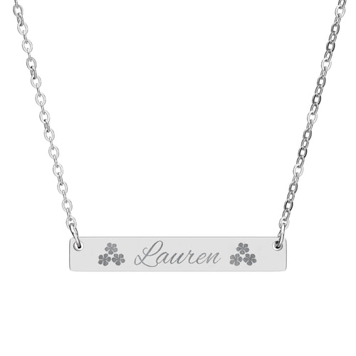 Engraved Horizontal Bar Necklace | Personalized Name Pendant with Floral Accents