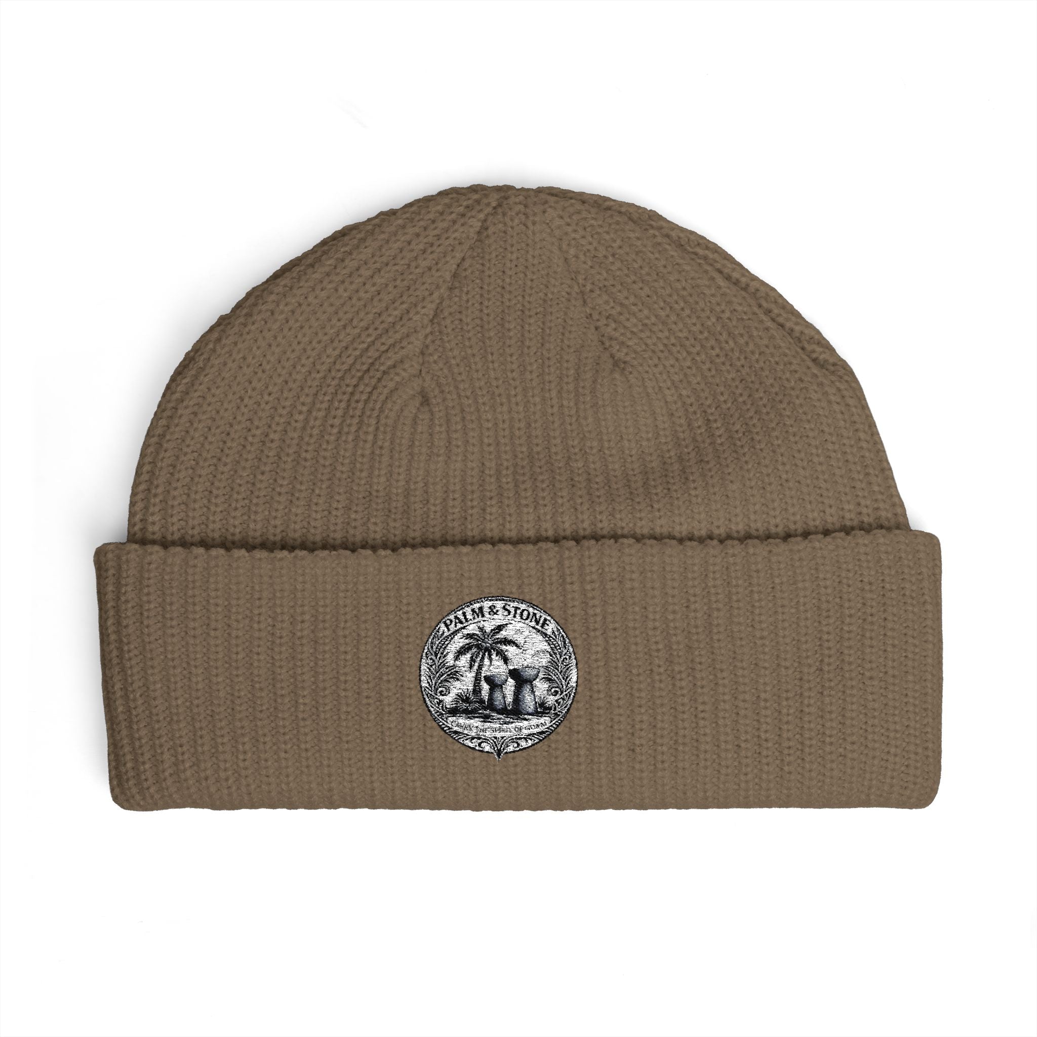 Personalized Palm & Stone Embroidered Mushroom Patch Cuff Beanie | Cozy Nature Knit Hat