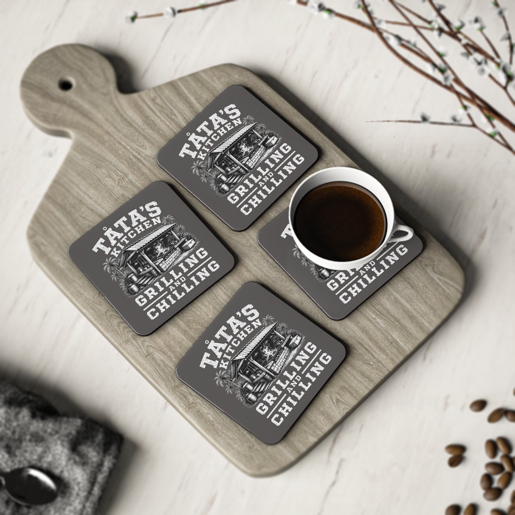 Personalized "Tata's Kitchen: Grilling and Chilling" Cork Drink Coaster ( Round or Square)