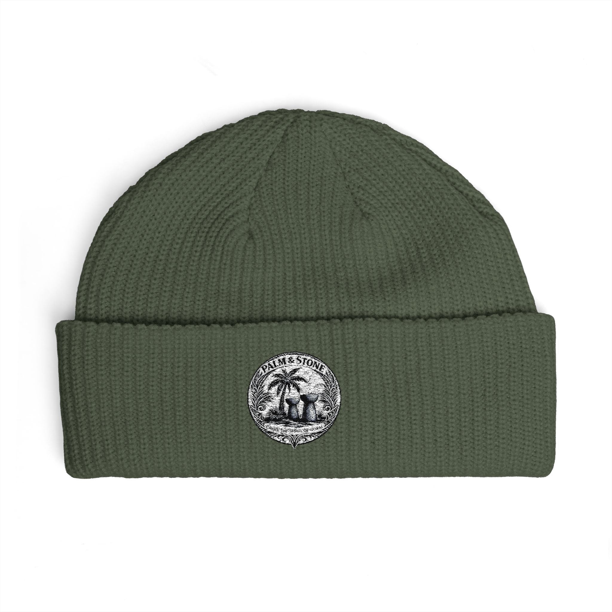 Personalized Palm & Stone Embroidered Mushroom Patch Cuff Beanie | Cozy Nature Knit Hat