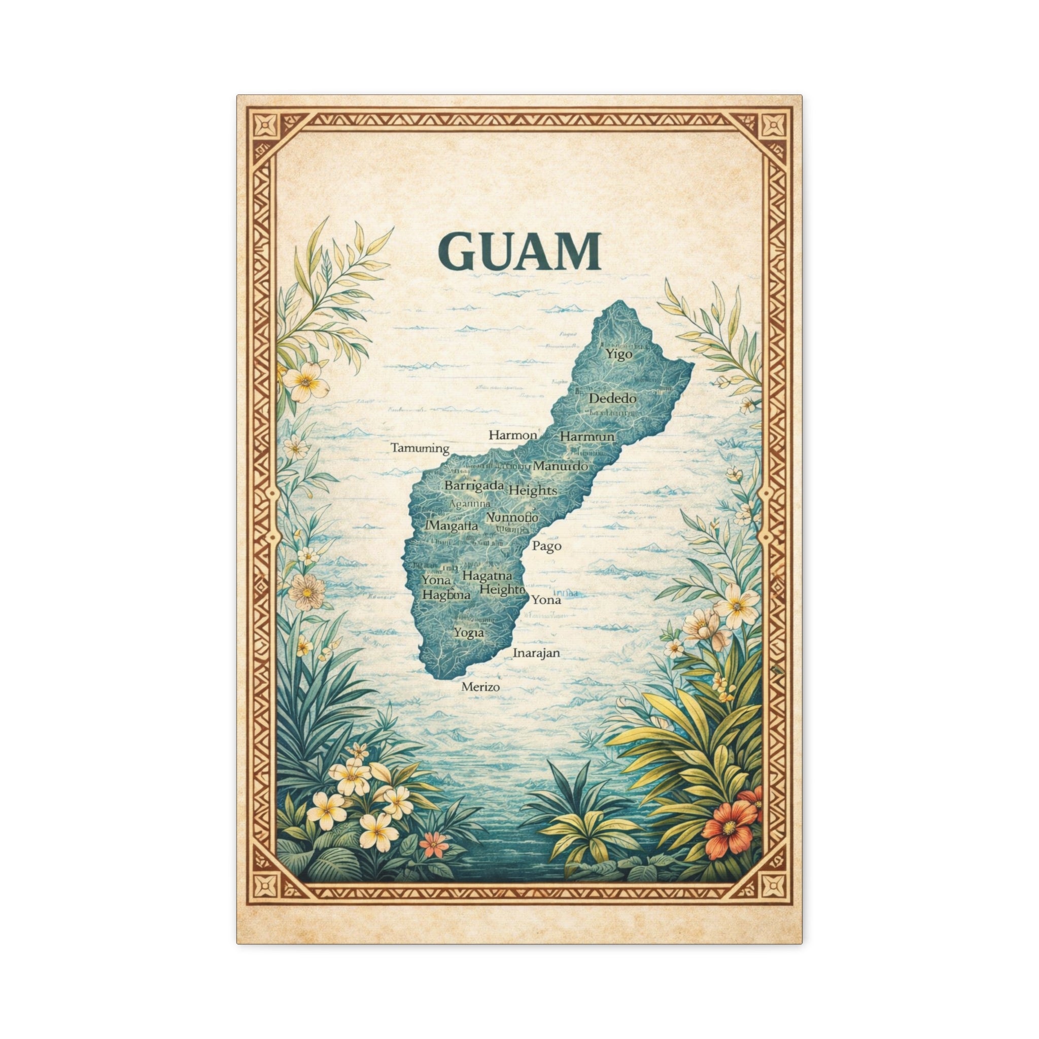Vintage Guam Island Map – Decorative Wall Art with Villages