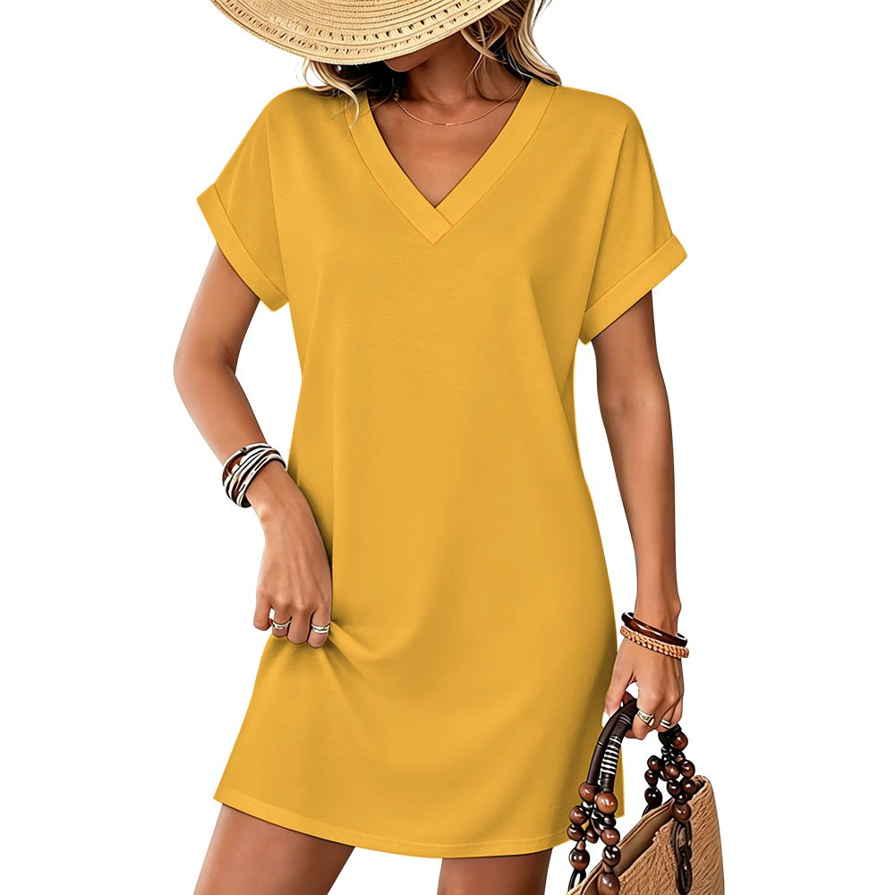 Women's Casual V-neck Dress with Turn-up Cuffs