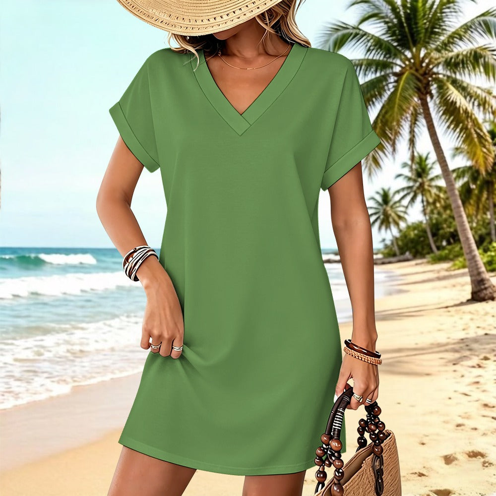 Women's Casual V-neck Dress with Turn-up Cuffs