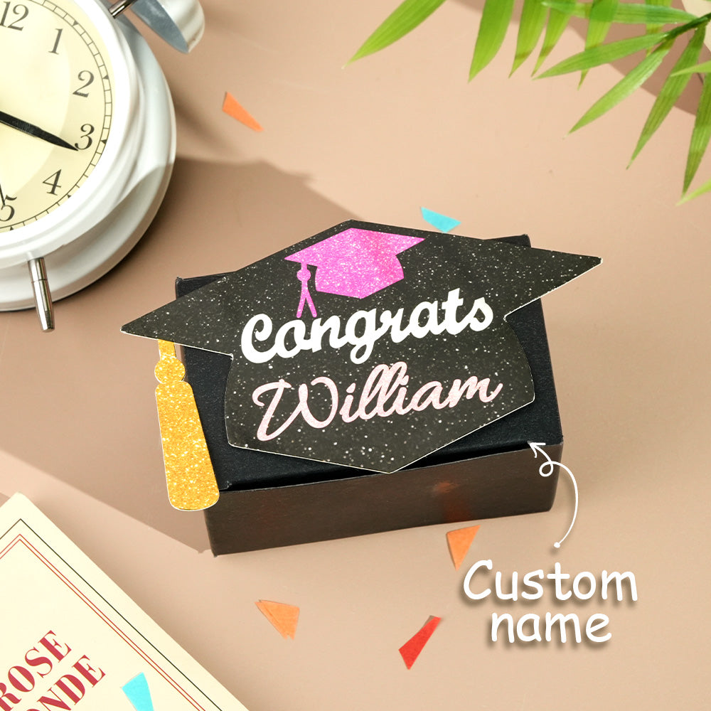 Personalized graduation money gift box with "Congrats William", graduation cap design. Ideal gift for graduates.