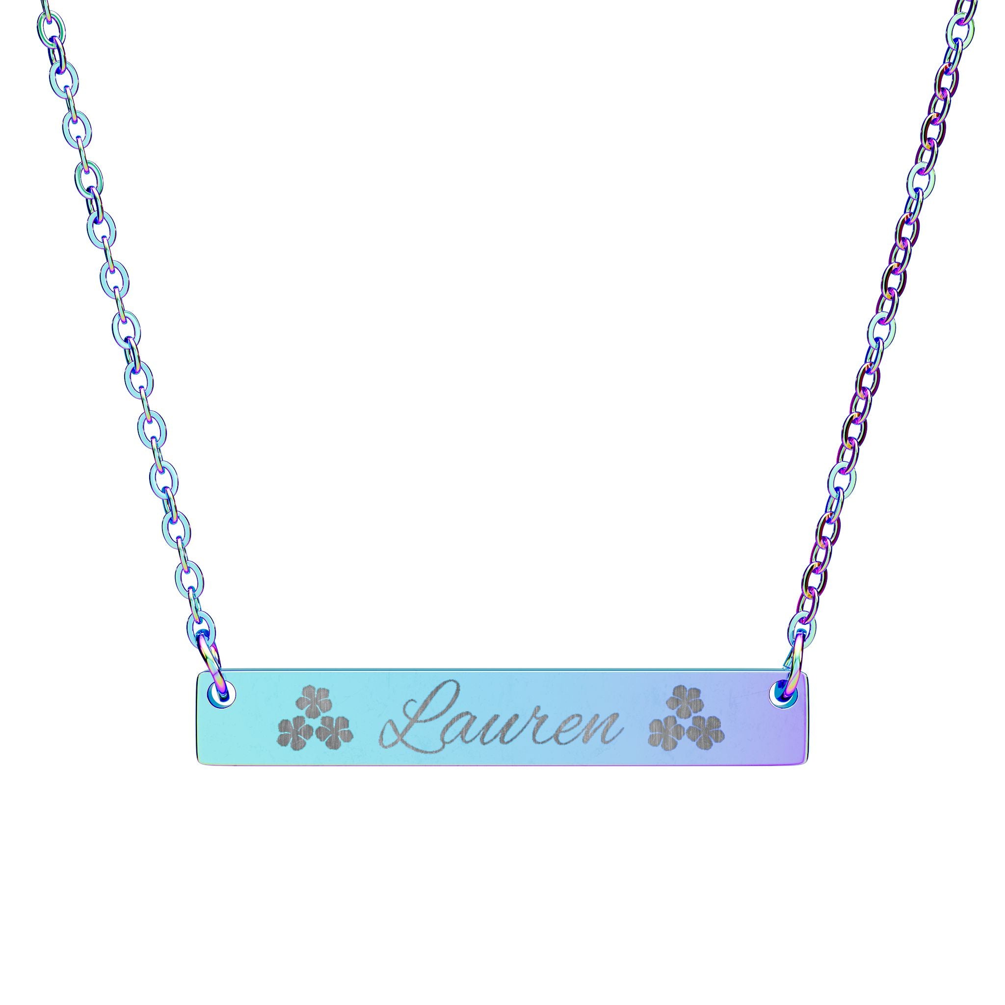 Engraved Horizontal Bar Necklace | Personalized Name Pendant with Floral Accents
