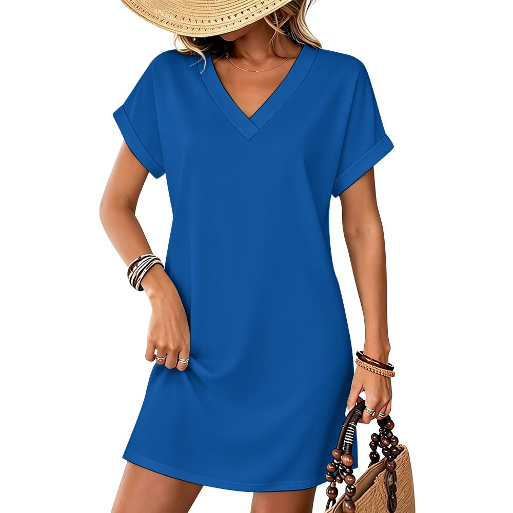 Women's Casual V-neck Dress with Turn-up Cuffs