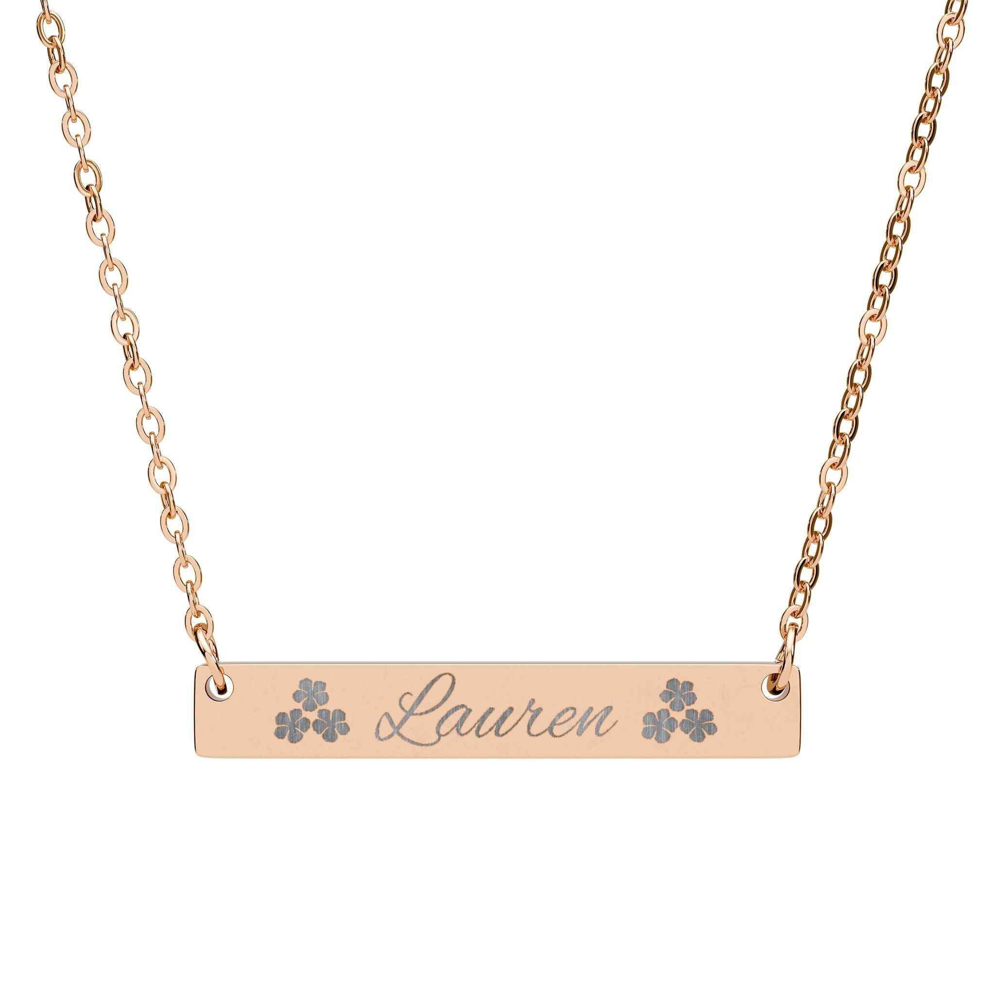 Engraved Horizontal Bar Necklace | Personalized Name Pendant with Floral Accents