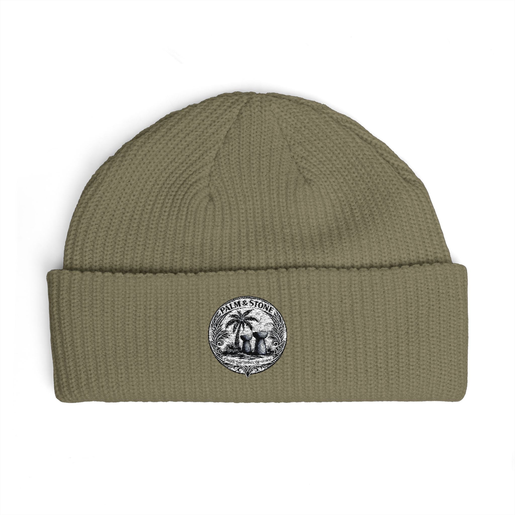 Personalized Palm & Stone Embroidered Mushroom Patch Cuff Beanie | Cozy Nature Knit Hat