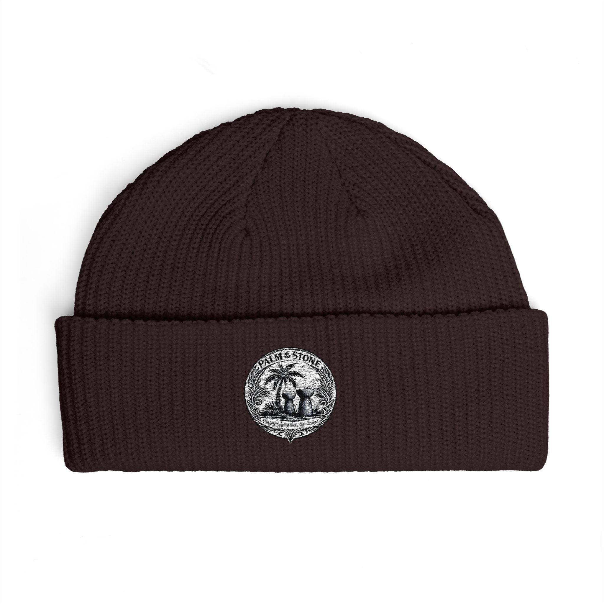 Personalized Palm & Stone Embroidered Mushroom Patch Cuff Beanie | Cozy Nature Knit Hat