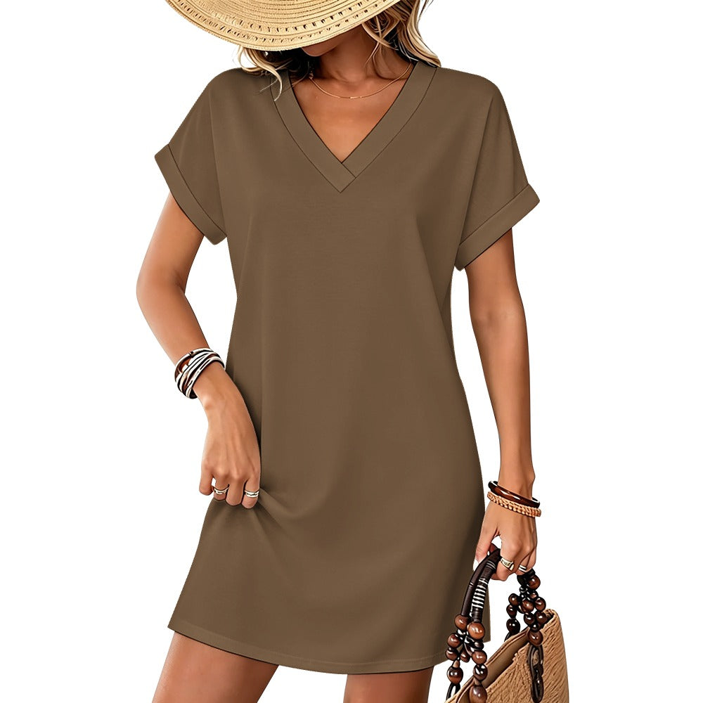 Women's Casual V-neck Dress with Turn-up Cuffs