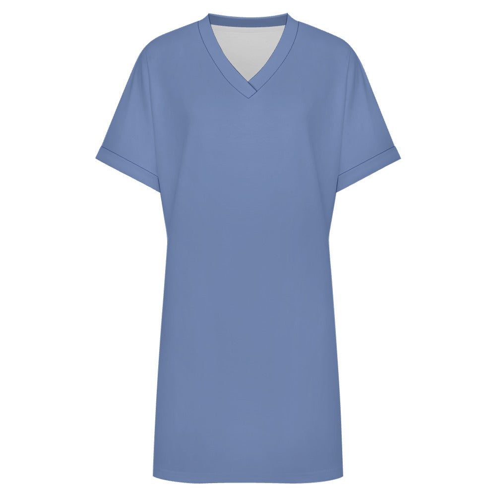 Women's Casual V-neck Dress with Turn-up Cuffs