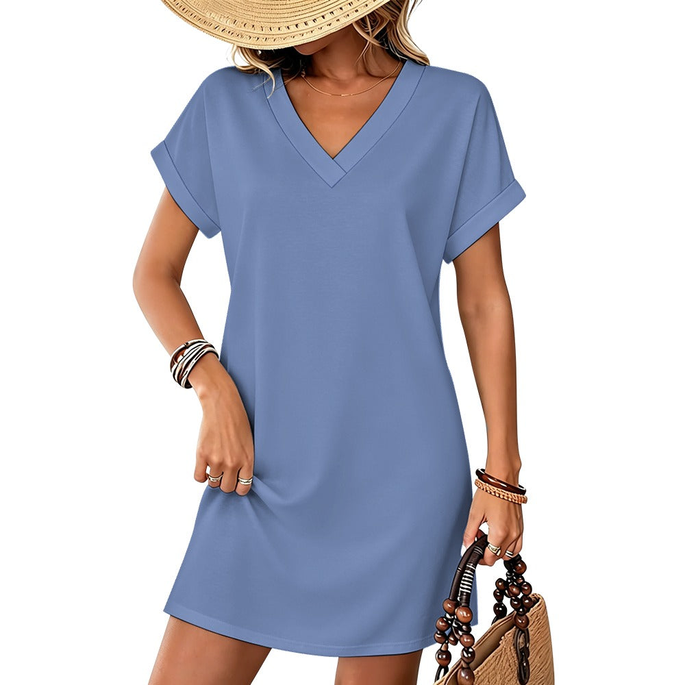 Women's Casual V-neck Dress with Turn-up Cuffs