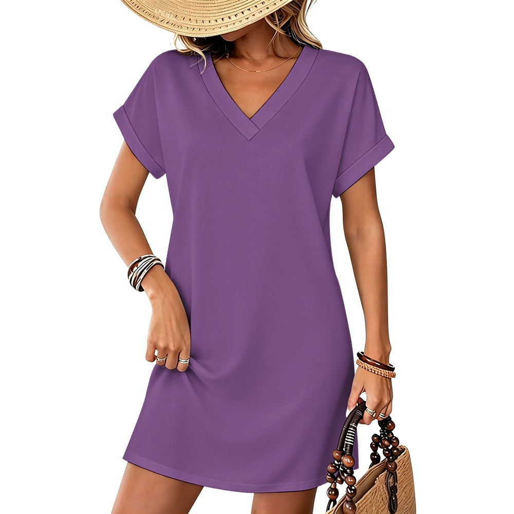 Women's Casual V-neck Dress with Turn-up Cuffs