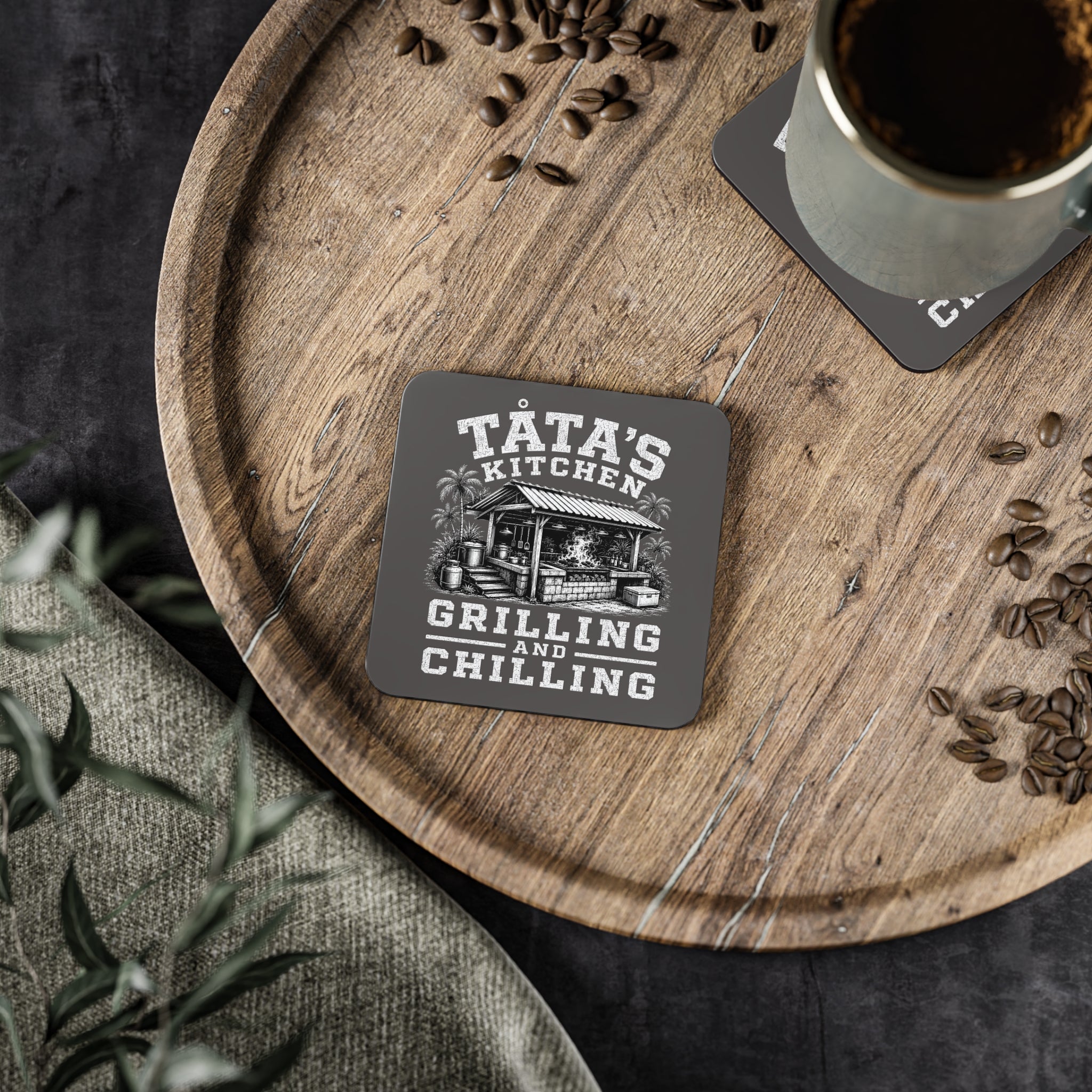Personalized "Tata's Kitchen: Grilling and Chilling" Cork Drink Coaster ( Round or Square)