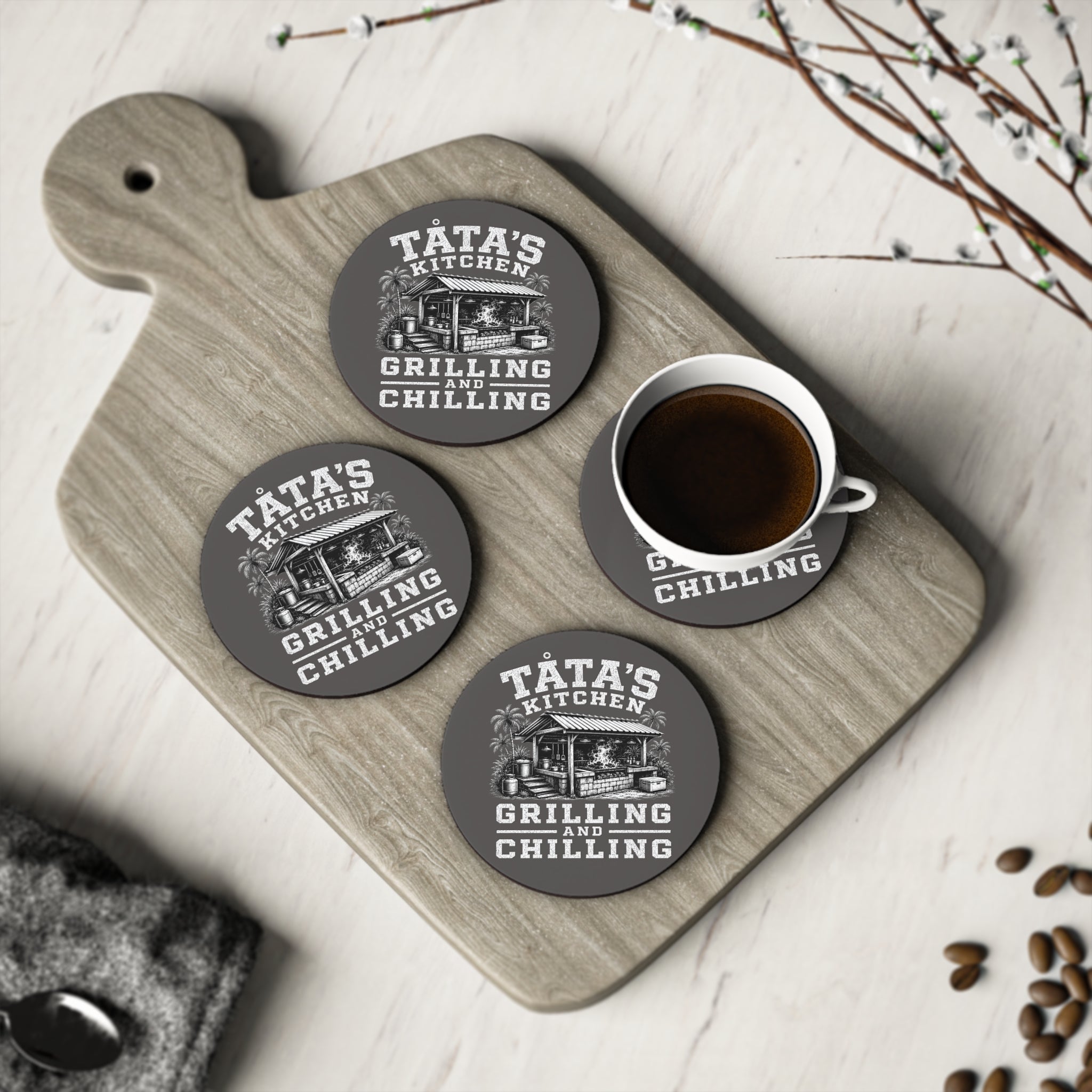 Personalized "Tata's Kitchen: Grilling and Chilling" Cork Drink Coaster ( Round or Square)