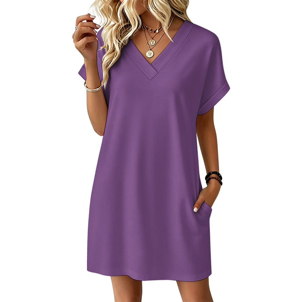 Women's Casual V-neck Dress with Turn-up Cuffs