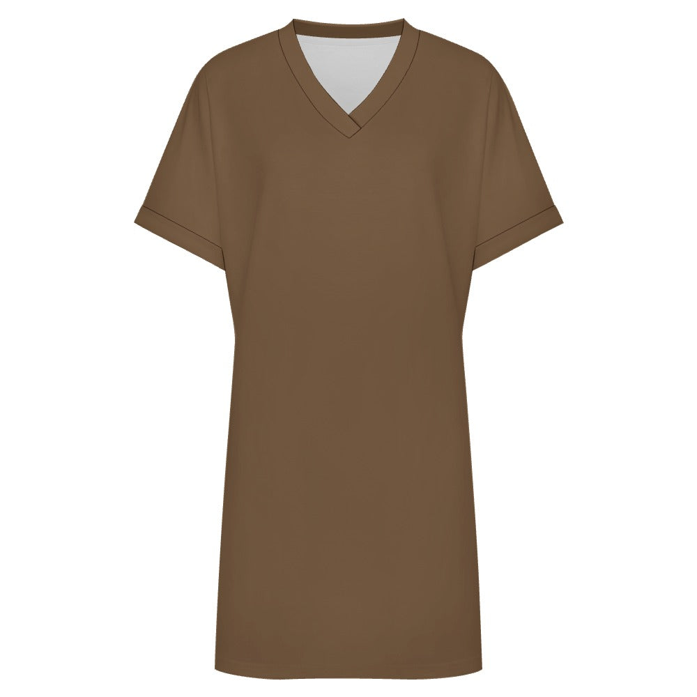 Women's Casual V-neck Dress with Turn-up Cuffs