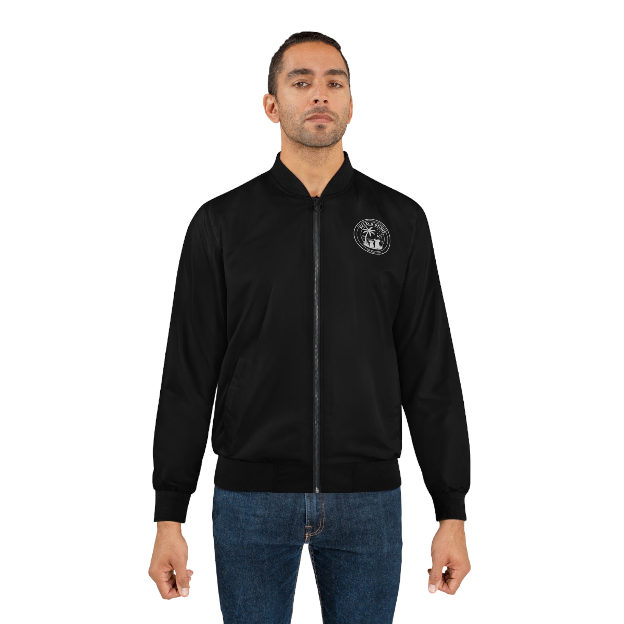 Personalized Palm & Stone 671 Bomber Jacket | Men's Retro Island Logo Jacket