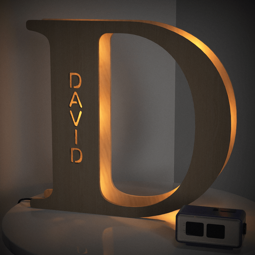 Personalized 'D' wooden night light with 'DAVID' illuminated, 28cm tall, warm LED, home decor.