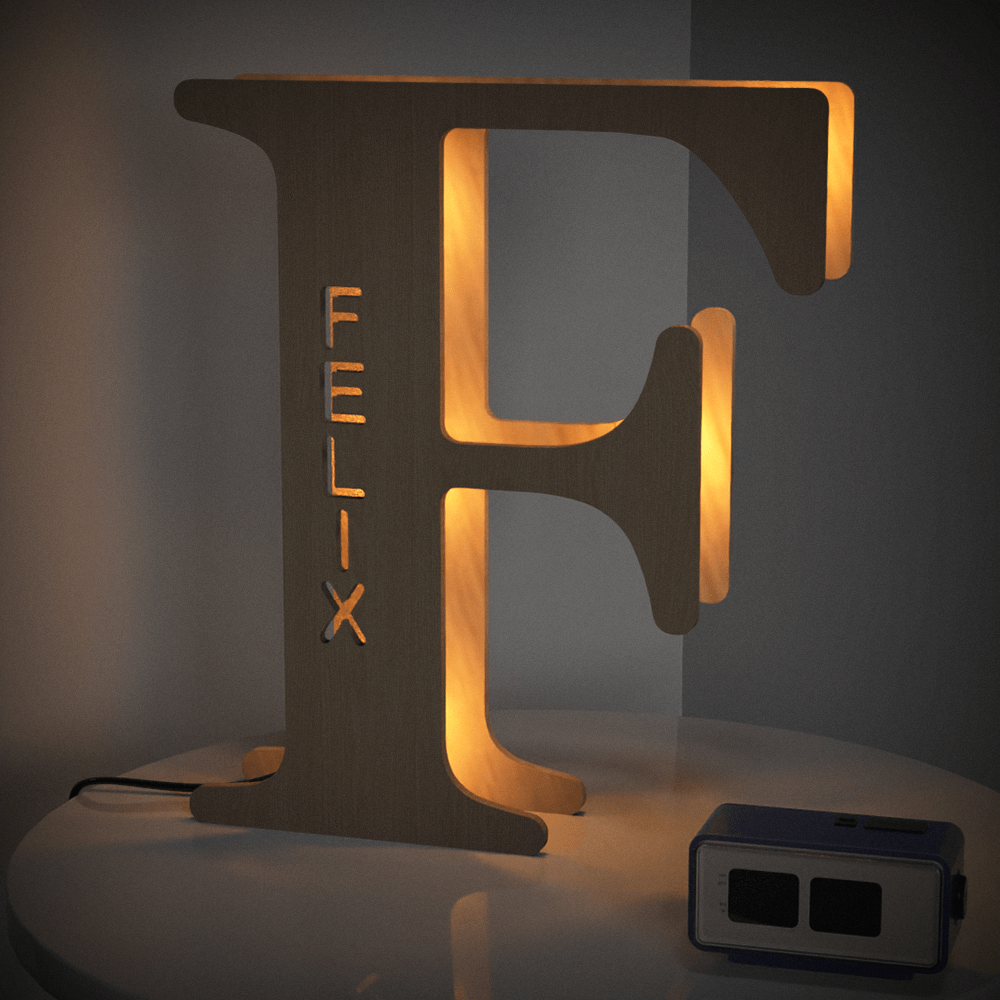 Personalized wooden letter 'F' night light with 'FELIX' name illuminated, 28cm tall, warm LED glow, home decor.
