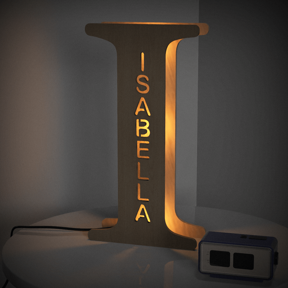 Personalized wooden 'I' night light with 'ISABELLA' illuminated, 28cm, warm LED, home decor