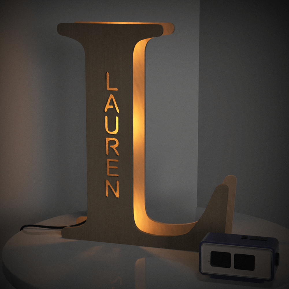 Personalized wooden letter night light 'L' with 'LAUREN' name, 28cm tall, warm LED glow, home decor.