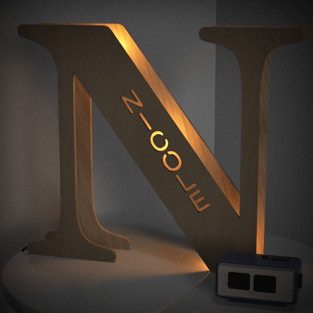 Personalized wooden 'N' night light with 'NICOLE' name illuminated, warm LED glow, 28cm, home decor.