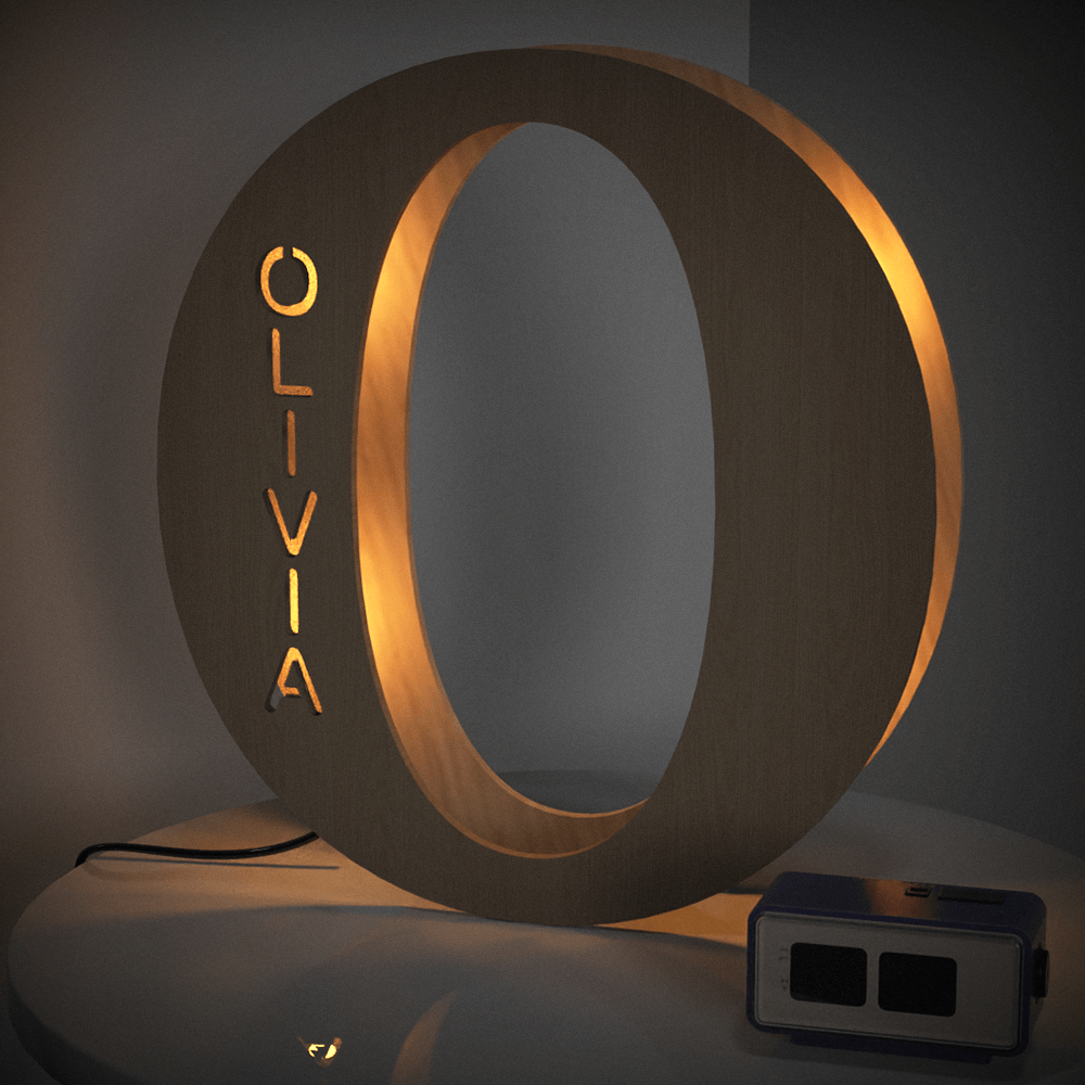 Personalized wooden 'O' night light with 'OLIVIA' name, 28cm tall, warm LED glow, home decor.