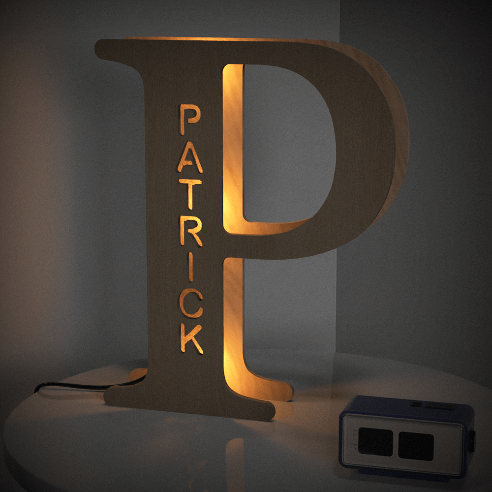 Personalized wooden letter 'P' night light with 'PATRICK' name illuminated, warm LED glow, 28cm tall, home decor.