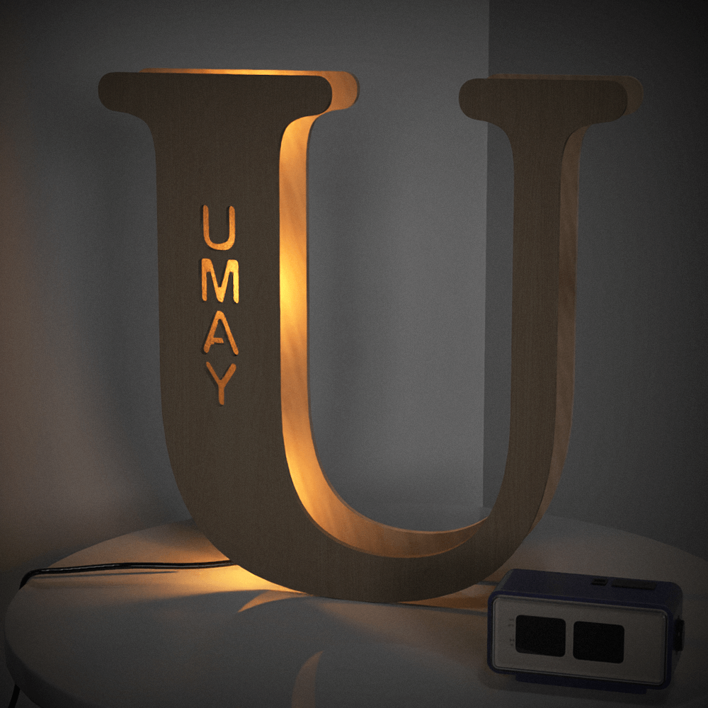 Personalized wooden 'U' night light with 'UMAY' name, warm LED glow, 28cm, home decor.