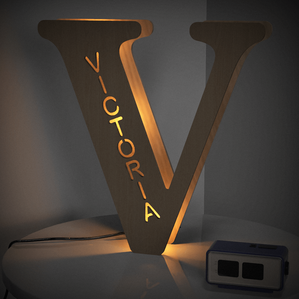 Personalized wooden letter 'V' night light with 'VICTORIA' name, warm LED glow, 28cm home decor