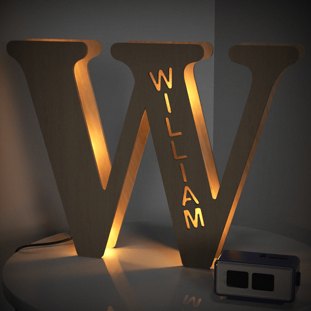 Personalized wooden 'W' night light with 'WILLIAM' name, warm LED glow, 28cm home decor.