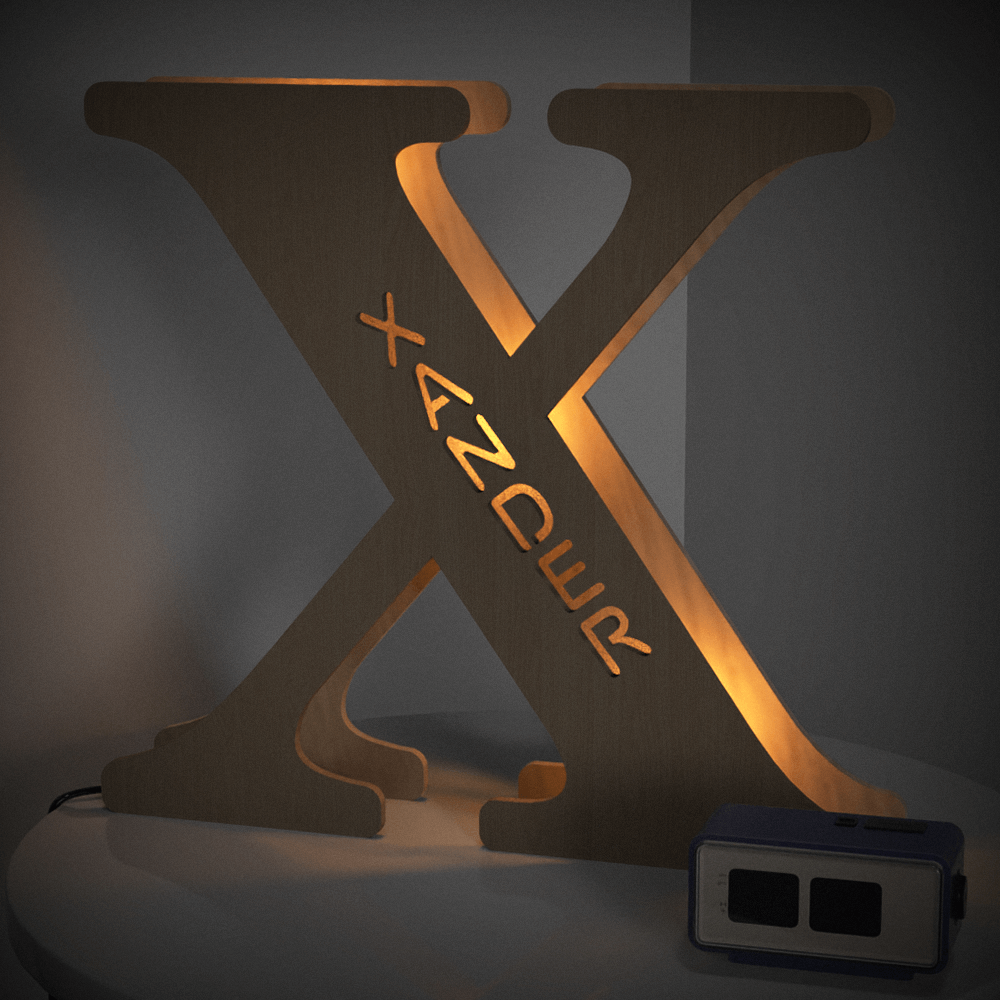 Personalized wooden letter 'X' night light with 'XANDER' name, warm LED glow, 28cm home decor.