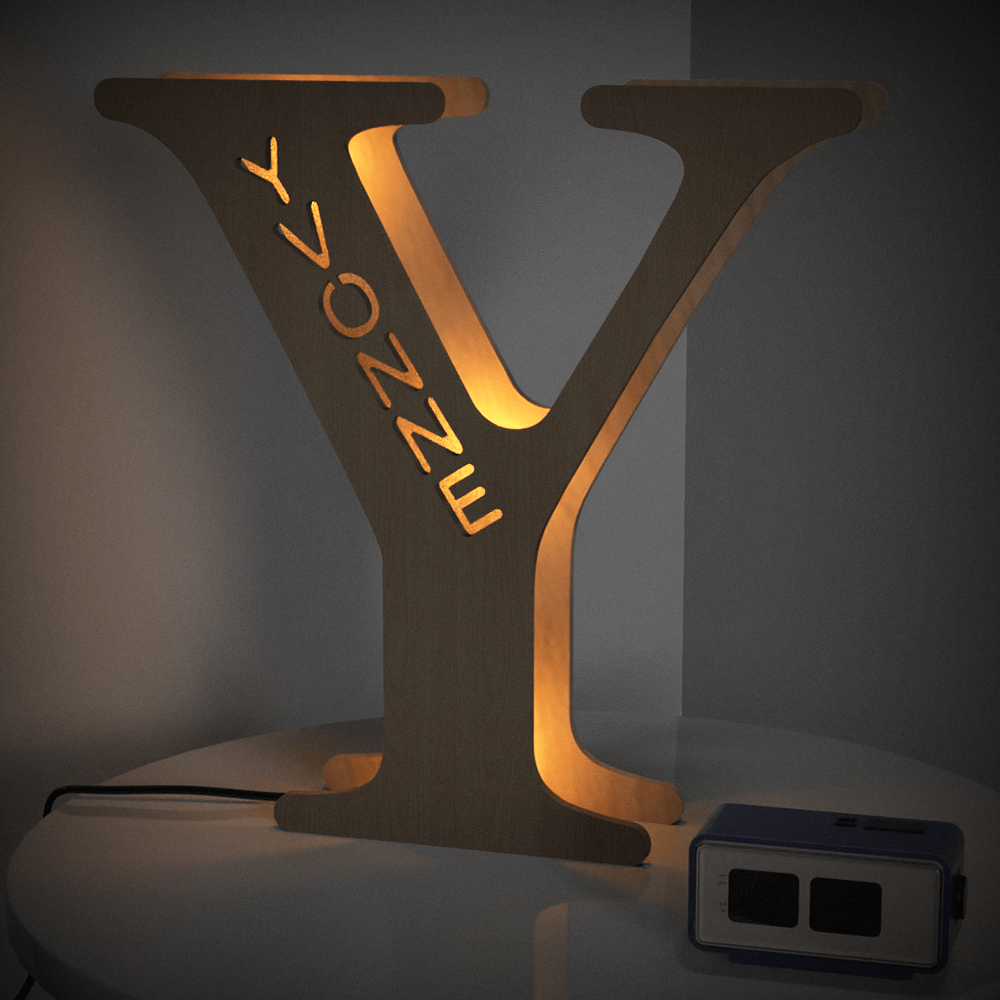 Personalized wooden letter "Y" night light with "YONNE" name, warm LED glow, 28cm home decor