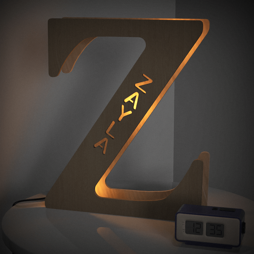 Personalized wooden 'Z' night light with 'ZAYN' name, 28cm tall, emitting warm LED glow, perfect for home decor.