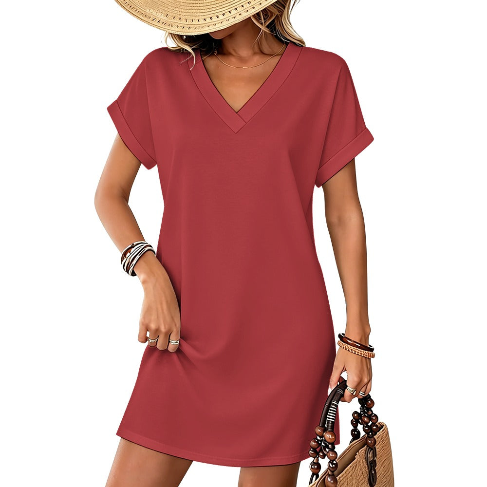 Women's Casual V-neck Dress with Turn-up Cuffs