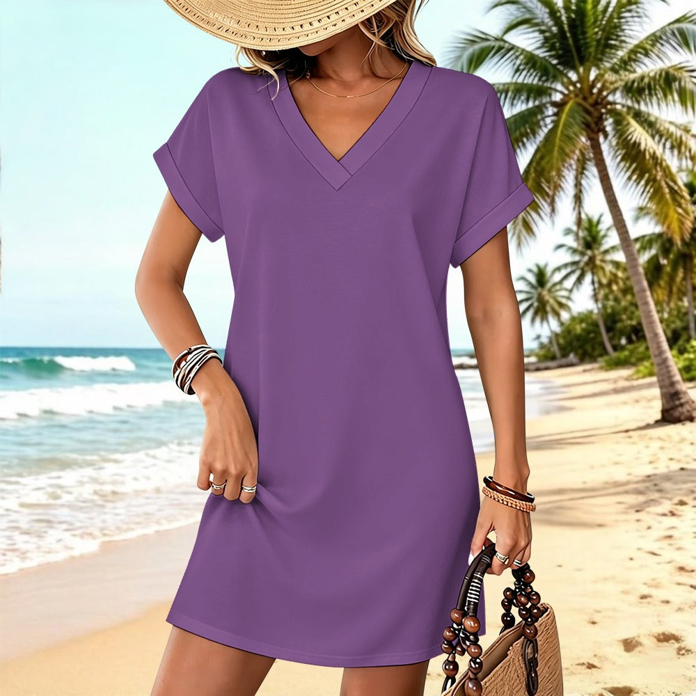 Women's Casual V-neck Dress with Turn-up Cuffs