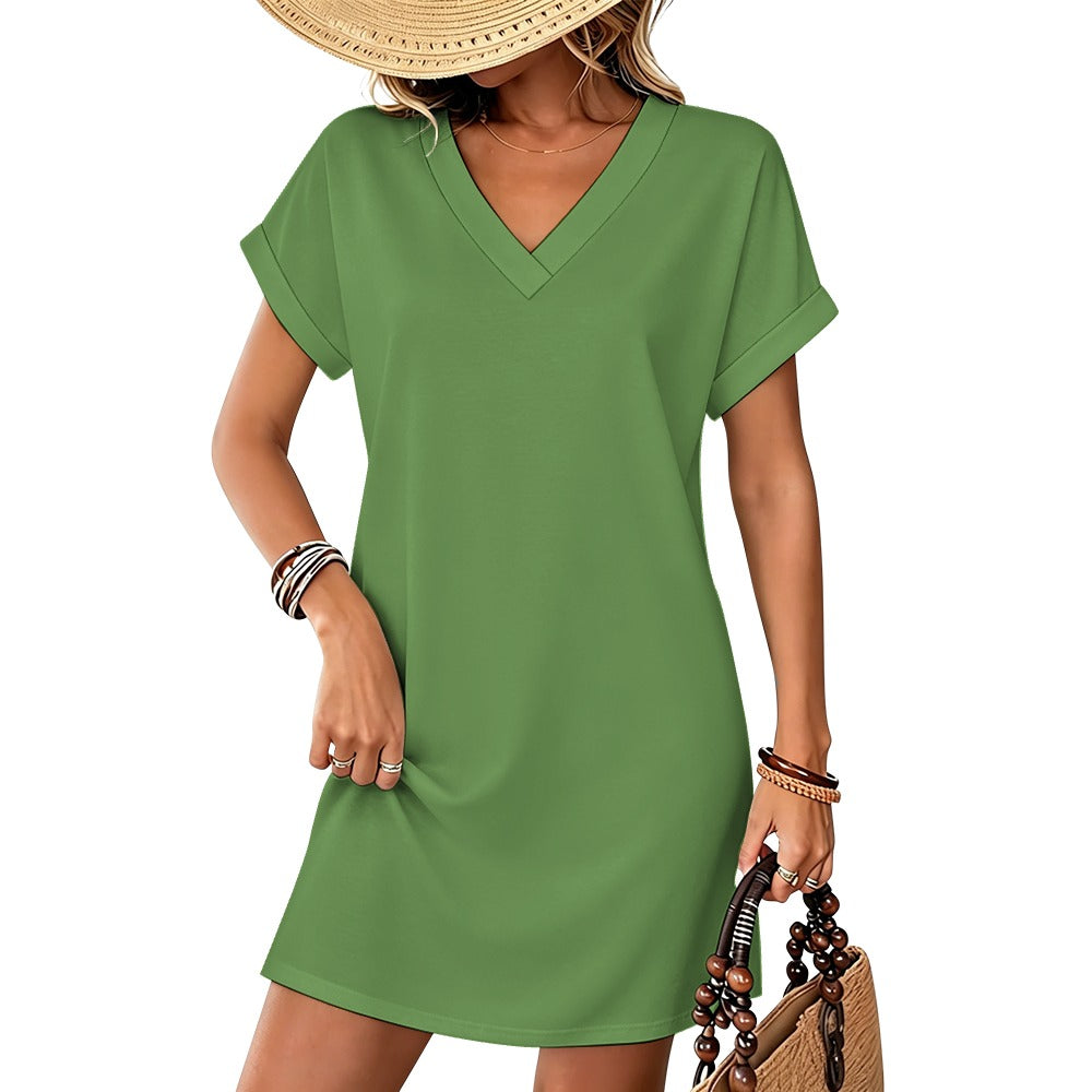 Women's Casual V-neck Dress with Turn-up Cuffs