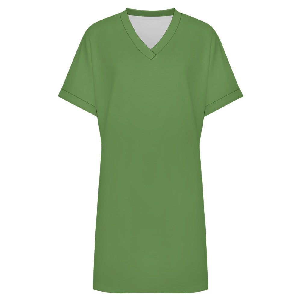 Women's Casual V-neck Dress with Turn-up Cuffs