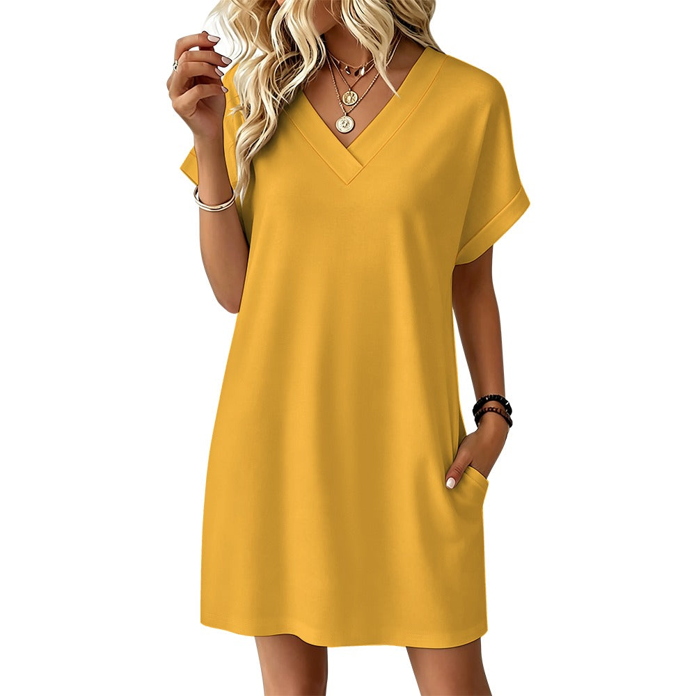 Women's Casual V-neck Dress with Turn-up Cuffs