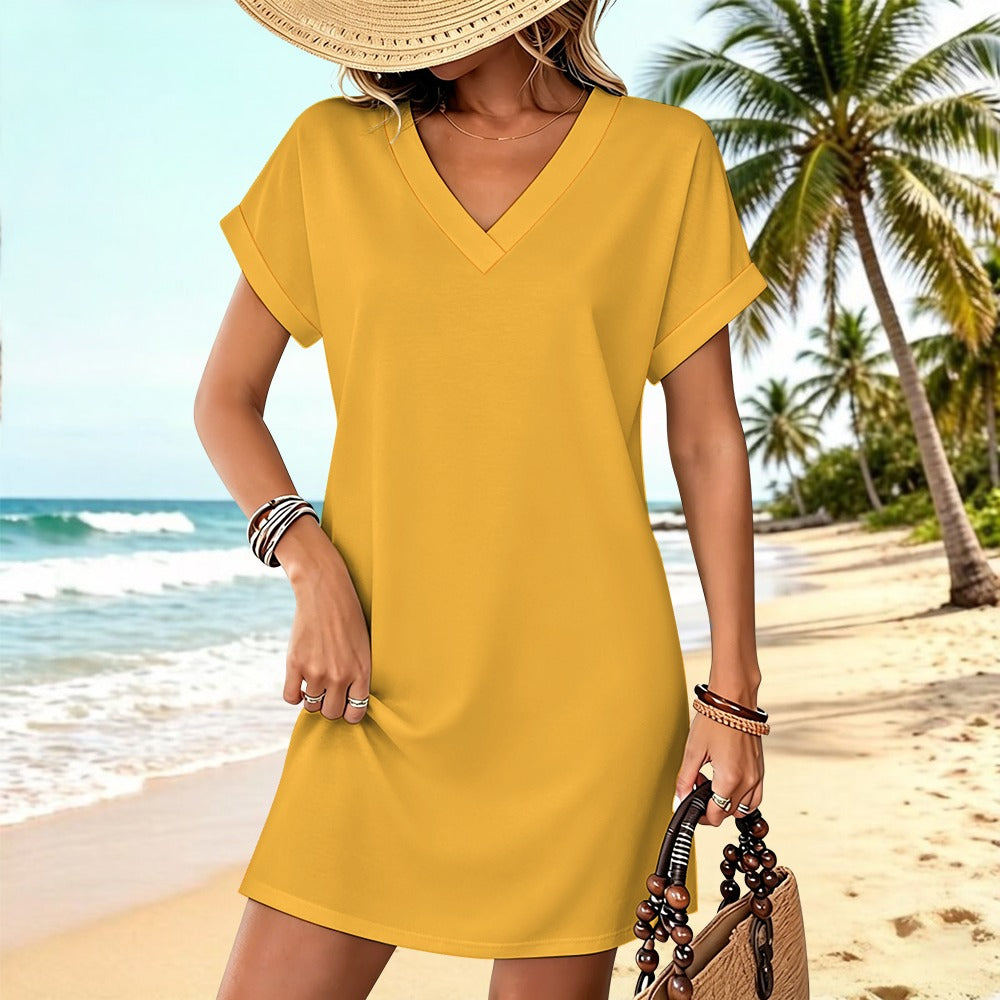 Women's Casual V-neck Dress with Turn-up Cuffs