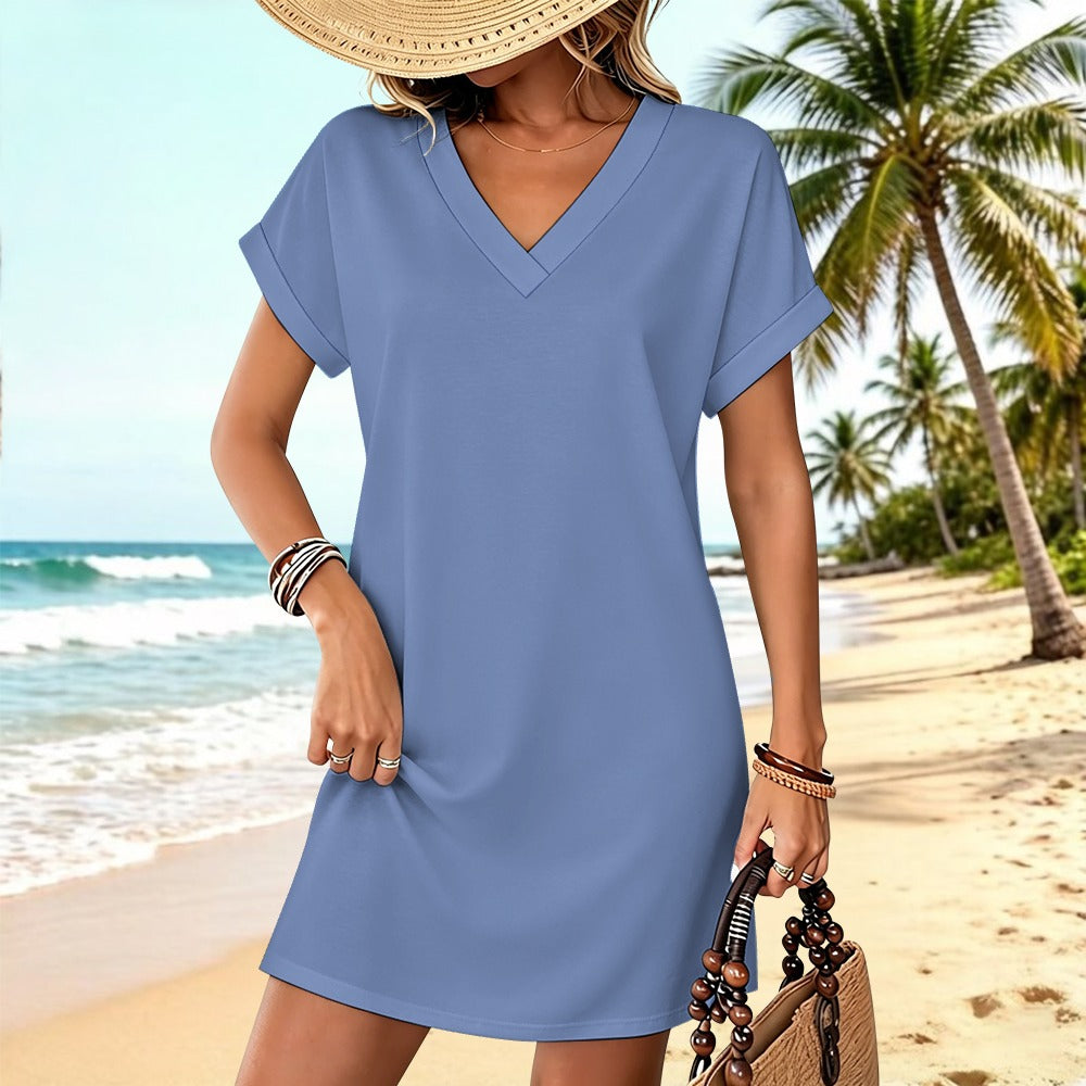 Women's Casual V-neck Dress with Turn-up Cuffs